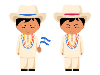 Honduran male cartoon character in traditional ethnic costume holding national flag. Man in Honduras clothes. Isolated flat vector illustration.