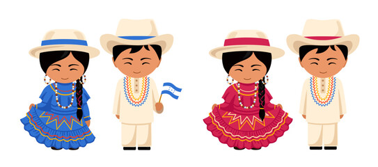 Honduran cartoon characters. Man and woman wearing Honduras national costume. Set of couple in traditional ethnic clothes. Flat vector isolated illustration.
