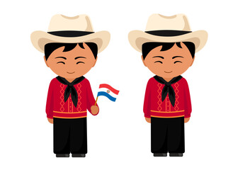 Paraguayan male cartoon character in traditional ethnic costume with national flag. Man in Paraguay clothes. Latin americans. Isolated flat vector illustration.