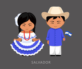 Woman and man in Salvador national costume. Salvadorans couple, cartoon characters in traditional ethnic clothes. Flat vector illustration.