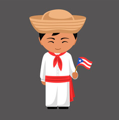 Puerto Rican male cartoon character in traditional ethnic costume holding national flag. Man in Puerto Rico clothes. Latin americans. Isolated flat vector illustration.