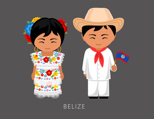 Woman and man in Belize national costume. Belizeans couple, cartoon characters in traditional ethnic clothes. Flat vector illustration.