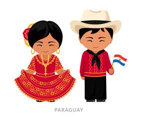 Woman and man in Paraguay national costume. Paraguayans couple, cartoon characters in traditional ethnic clothes. Flat vector illustration.