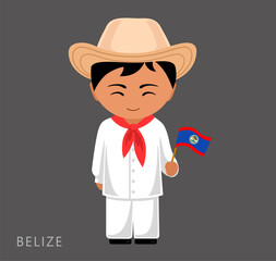 Belizean male cartoon character in traditional ethnic costume with national flag. Man in Belize clothes. Latin americans. Isolated flat vector illustration.