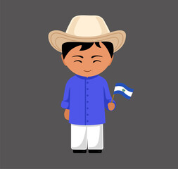 Salvadoran male cartoon character in traditional ethnic costume with national flag. Man in Salvador clothes. Latin americans. Isolated flat vector illustration.
