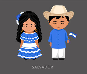 Woman and man in Salvador national costume. Salvadorans couple, cartoon characters in traditional ethnic clothes. Flat vector illustration.