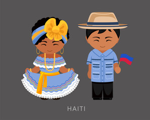 Woman and man in Haiti national costume. Haitians couple, cartoon characters in traditional ethnic clothes. Flat vector illustration.