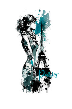 Abstract painting concept. Colorful art style of the Eiffel tower and a woman. French culture. Generative AI.