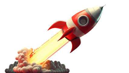 Launch of a red rocket isolated on clear PNG background, made of precious metal. Successful start concept.