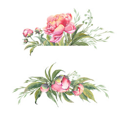 Floral frame with watercolor peonies and branches. Illustration on white background.
