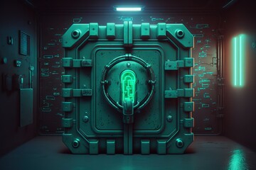 Concept of cybersecurity: cybernetic padlock as the vault door