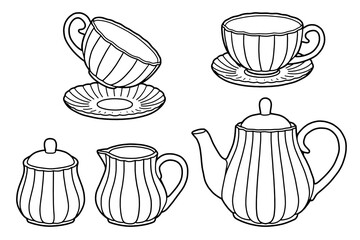Hand drawing tea set. Teapot, milk jug, sugar bowl and cups and saucers. Black outline. Coloring page.