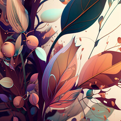 Pink, teal and lilac flowers on light background.