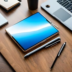 tablet computer and pen on wood table | Generate IA