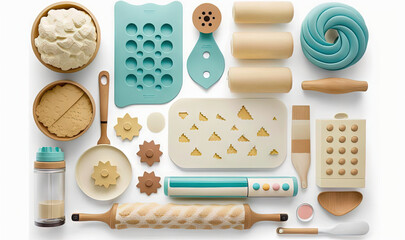 Fototapeta na wymiar a variety of kitchen utensils and baking supplies on a white surface. generative ai