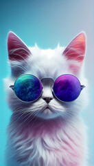 Funny Cat Wearing Sunglasses - Closeup Portrait on Dark Blue or Pink Background. Adorable Little Pet, Cute Child Animal. Generative AI.
