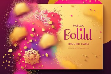 Colorful gulaal (powder color) Indian festival for Happy Holi card with gold patterned and crystals on paper color Background 