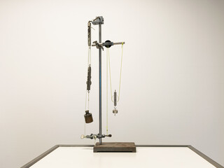 Setup with weights and pulleys for physics class