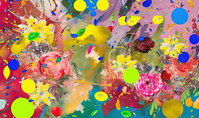 Fototapeta na wymiar a painting of a bunch of flowers and confetti. generative ai