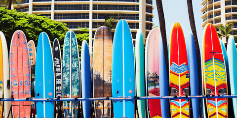 Surfboards lined up in the rack at famous beach. Generative ai. Surf spot rental service. Surfers and wave catchers place.
