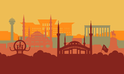 Illustration of turkey ankara city silhouette with various buildings, monuments, tourist attractions