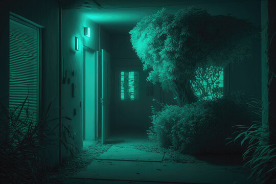 Night vision view. Surveillance of the yard with a night vision device concept. Created with Generative AI technology.