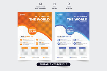 Tour and travel flyer template design for business marketing. Touring agency promotional template vector with photo placeholders. Vacation planner business leaflet design with orange and blue colors.