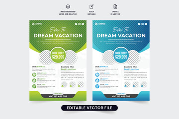 Tour group advertisement template design with green and blue colors. Modern travel agency promotional flyer vector for marketing. Vacation planner business leaflet design with photo placeholders.