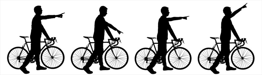 A guy is driving a bike, holding the steering wheel with his hands. A group of cyclists. Black silhouette of a cyclist on a white background. Side view. Man on a bike. Silhouette. Flat illustration.
