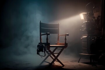 Film Studio, Indoor film set lighted director's chair in the long centre, vintage cinematic equipment on the sides on dark background, Generative AI - obrazy, fototapety, plakaty