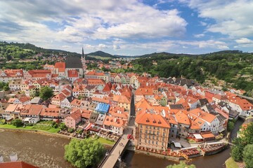 A view to the old town with St. Vitus Church in the center at Cesky Krumlov, Czech republic