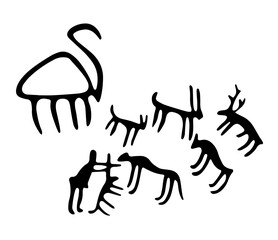Vector illustration of a herd of cattle rock paintings. Prehistoric rock petroglyphs discovered on the territory of Armenia