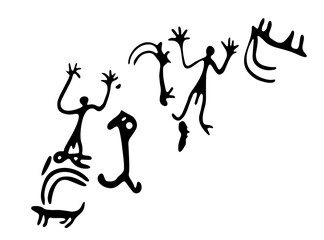 Vector illustration of rock paintings depicting ancient hunting for animals. Prehistoric rock petroglyphs discovered on the territory of Armenia