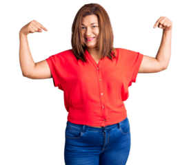 Middle age latin woman wearing casual clothes looking confident with smile on face, pointing oneself with fingers proud and happy.