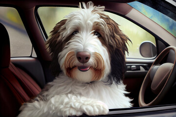 illustration of a shaggy dog looking out the window of  a car, aussiedoodle, ai generated