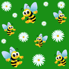 Seamless vector pattern cute cartoon bee with spring flowers on a green background