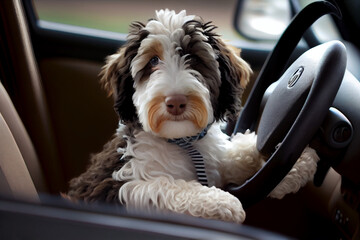 illustration of a shaggy dog trying to steer a car and looking out the window, aussiedoodle, ai generated