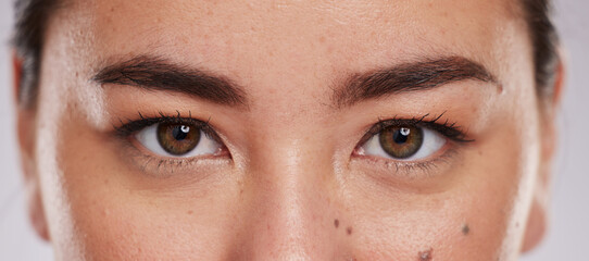 Asian, eyes and face with vision and beauty, microblading with lashes, contact lens and eye care...