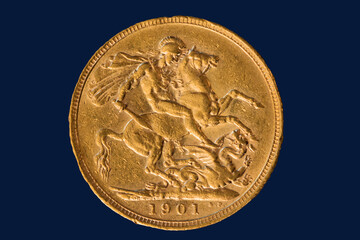 Isolated gold coin from Great Britain 1901 Gold Sovereign Dragon Slayer George