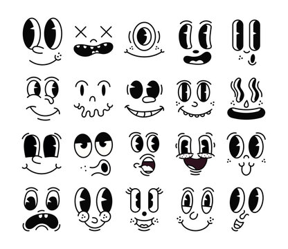 Retro 30s cartoon mascot characters funny faces. 50s, 60s old animation eyes and mouths elements. Vintage comic smile for logo vector set. Smiley caricatures with happy and cheerful emotions
