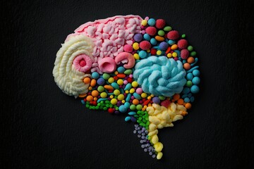 Concept of sugar rush: human brain made of sweets