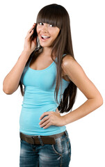 Close-up portrait of young woman with phone isolated on white background