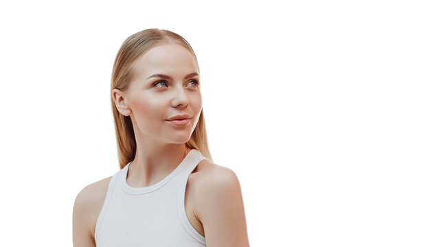 Beauty skin. Head and shoulders of blond woman model, touching glowing, hydrated facial skin, apply toner, skin cream or lotion for healthy look, after shower portrait, white background.