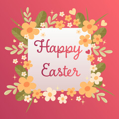 Happy easter. Floral greeting card. Vector illustration. Greetings design. Text with colorful flowers elements. Green leaves in colorful background. For spring season