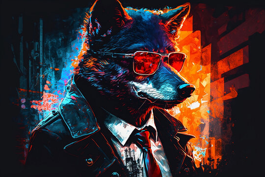 wolf gangster with a suit, palette knife. Generative AI