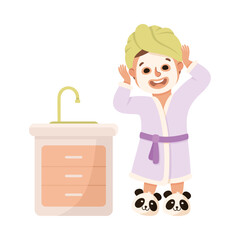 Cute girl applying cosmetic mask on her face. Happy kid doing everyday hygiene activities cartoon vector illustration