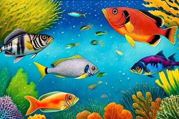 Naklejka premium Watercolor Illustration of Colorful tropical fish swimming in ocean. Generative AI