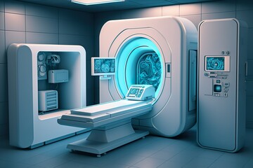 Advanced Medical Screening Technology: Modern Room with MRI Equipment. Generative AI.