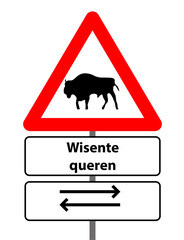 Verkehrsschild Achtung Wisente queren, Bison, Wildrind, Wildunfall, Wildtiere