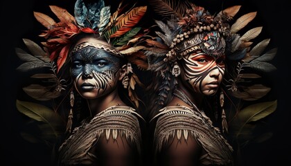Fototapeta premium Warriors of the Amazon: Indigenous Women Posing with Ritual Body Painting and Bows. Generative AI.